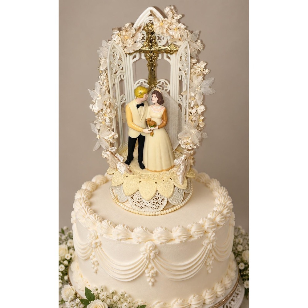 Vintage Wilton 10" Wedding Cake Topper Bride Groom Chapel Gold Cross Floral READ